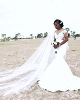 Appliques Sheer Tulle Mermaid Wedding Dresses Floor Length Pleated Bridal Gowns-showprettydress