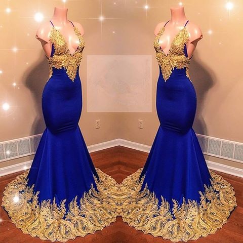 Appliques Spaghetti Sleeveless V-neck Mermaid Prom Dresses-showprettydress