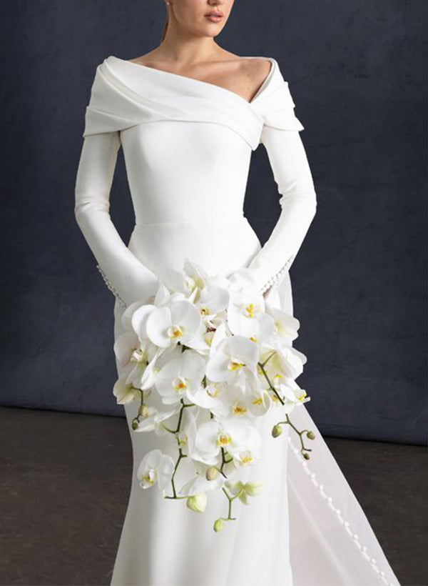 Asymmetrical Long Sleeves Elastic Satin Wedding Dresses-Showprettydress