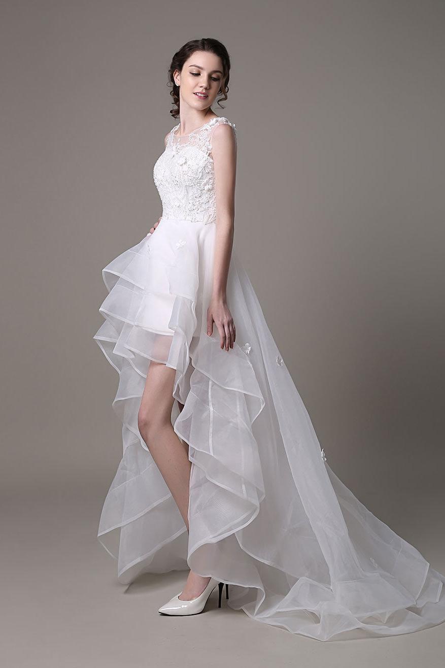 Asymmetrical Organza Wedding Dress High Low A-Line With Lace Beading Flower Exclusive-Showprettydress