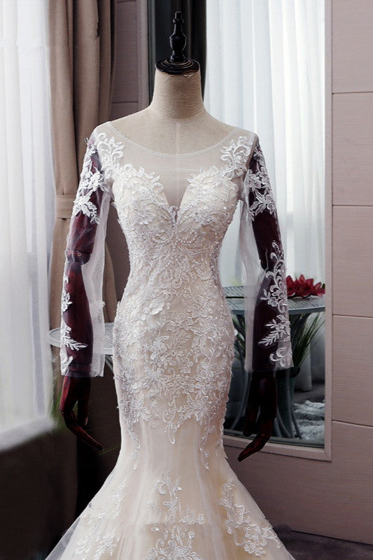 Autumn Long Sleevess Mermaid Lace appliques Ivory Wedding Dress-showprettydress