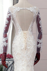 Autumn Long Sleevess Mermaid Lace appliques Ivory Wedding Dress-showprettydress