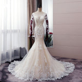 Autumn Long Sleevess Mermaid Lace appliques Ivory Wedding Dress-showprettydress