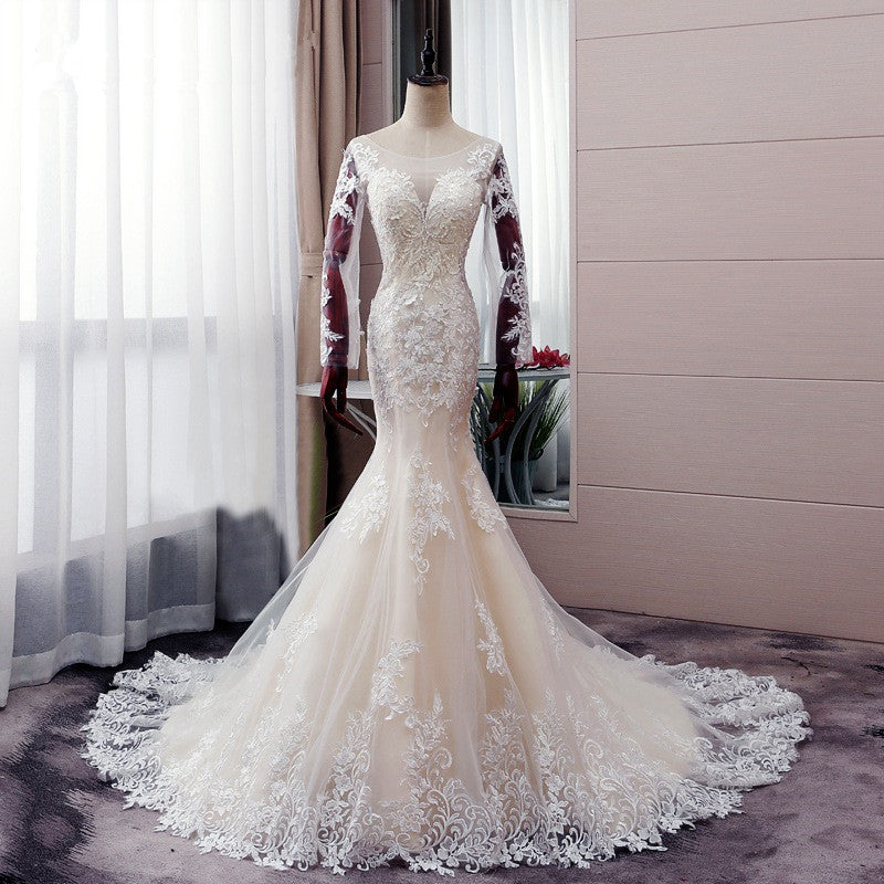 Autumn Long Sleevess Mermaid Lace appliques Ivory Wedding Dress-showprettydress