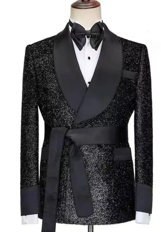 Black Men's Wedding Suit with Satin Shawl Lapel and Belt