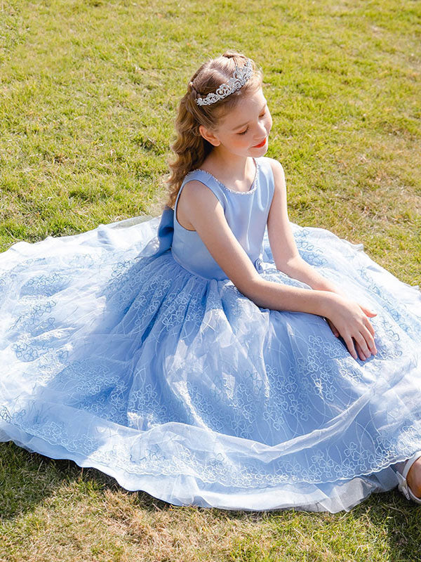 Baby Blue Jewel Neck Sleeveless Bows Lace Tulle Polyester Kids Social Party Dresses-showprettydress