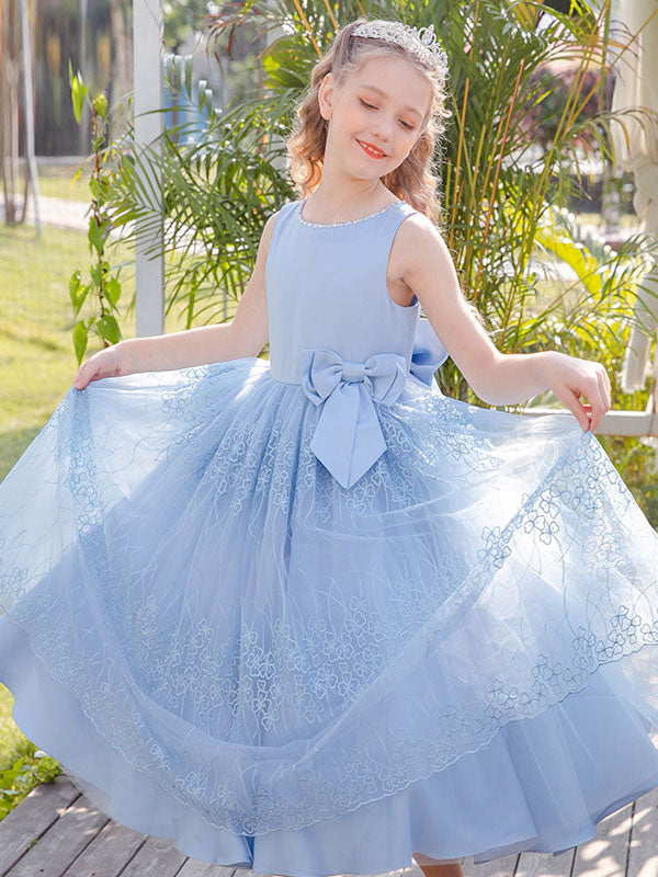 Baby Blue Jewel Neck Sleeveless Bows Lace Tulle Polyester Kids Social Party Dresses-showprettydress