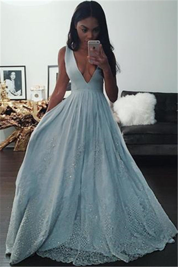 Baby Blue V-neck Beading Lace Formal Evening Dresses Beautiful Sleeveless Prom Party Gowns-showprettydress