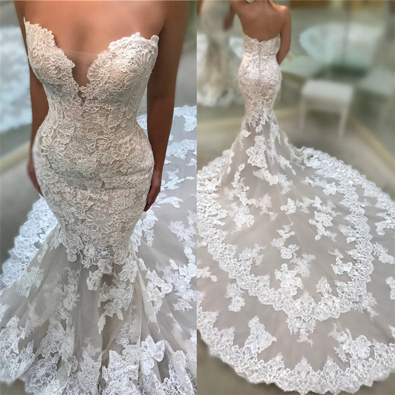 Backless Strapless Modern Mermaid Wedding Dresses Cathedral Train Lace Dresses for Weddings-showprettydress