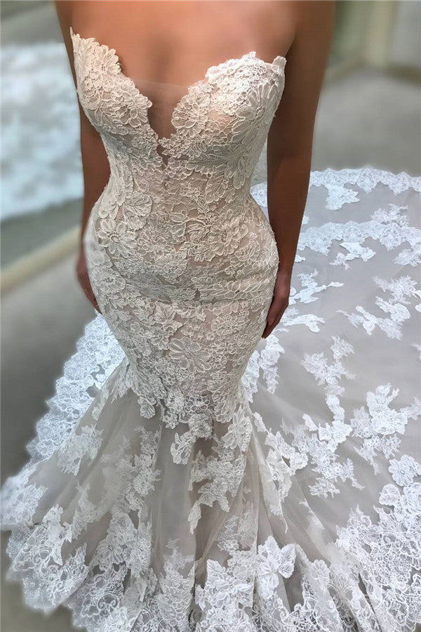 Backless Strapless Modern Mermaid Wedding Dresses Cathedral Train Lace Dresses for Weddings-showprettydress