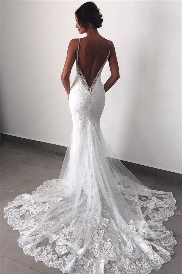 Backless Wedding Dresses Lace Mermaid Modern Spaghetti Straps Bride Dress-showprettydress