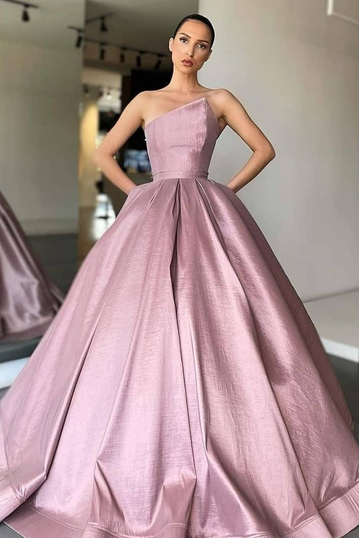 Ball Gown Asymmetrical Strapless Ankle Length Sleeveless Prom Dress-showprettydress