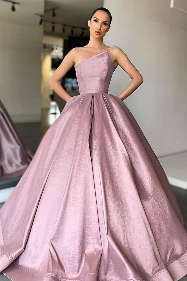 Ball Gown Asymmetrical Strapless Ankle Length Sleeveless Prom Dress-showprettydress