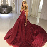 Ball Gown Deep V-neck Spaghetti Strap Floor Length Court Paillette Prom Dress-showprettydress