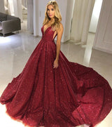 Ball Gown Deep V-neck Spaghetti Strap Floor Length Court Paillette Prom Dress-showprettydress
