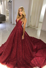 Ball Gown Deep V-neck Spaghetti Strap Floor Length Court Paillette Prom Dress-showprettydress