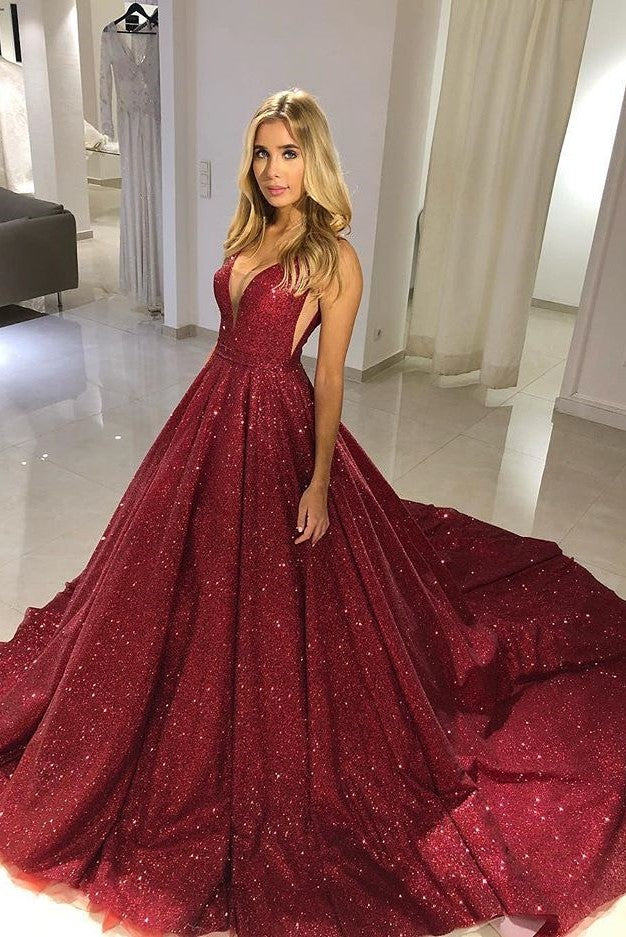 Ball Gown Deep V-neck Spaghetti Strap Floor Length Court Paillette Prom Dress-showprettydress