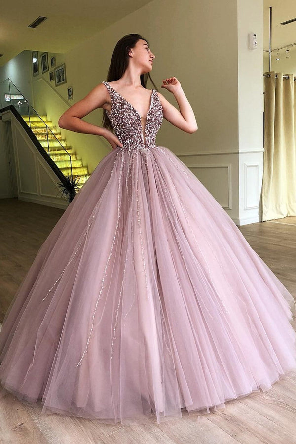 Ball Gown Deep V-neck Wide Strap Floor Length Tulle Beaded Prom Dress-showprettydress