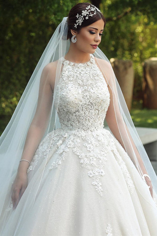 Ball Gown Halter Floor Length Backless Tulle Lace Applique Wedding Dress-showprettydress