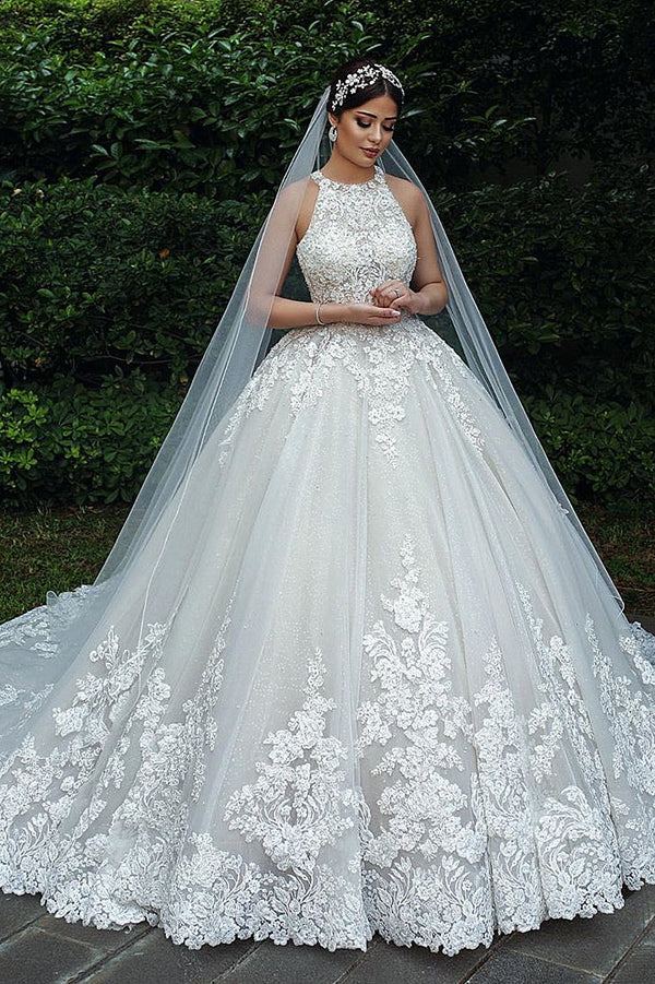 Ball Gown Halter Floor Length Backless Tulle Lace Applique Wedding Dress-showprettydress
