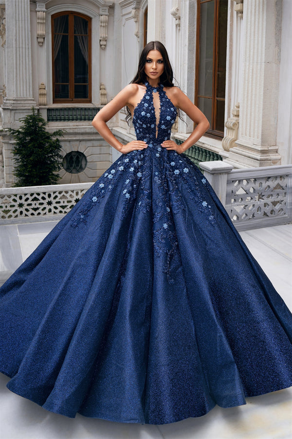 Ball Gown Halter Floor-length Sleeveless Applique Prom Dress-showprettydress