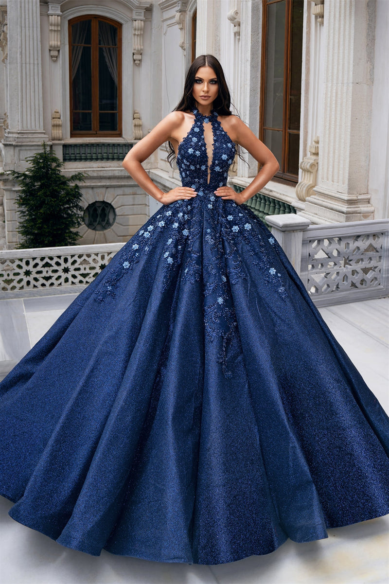 Ball Gown Halter Floor-length Sleeveless Applique Prom Dress-showprettydress