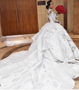 Ball Gown High neck Luxurious Train Long Sleevess Sparkle Applique Satin Wedding Dresses-showprettydress