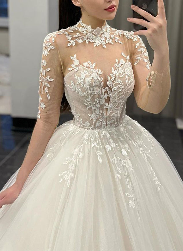 Ball-Gown Illusion Neck Long Sleeves Court Train Lace Tulle Wedding Dresses-Showprettydress