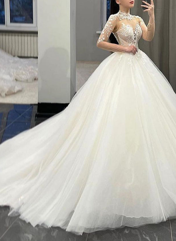 Ball-Gown Illusion Neck Long Sleeves Court Train Lace Tulle Wedding Dresses-Showprettydress