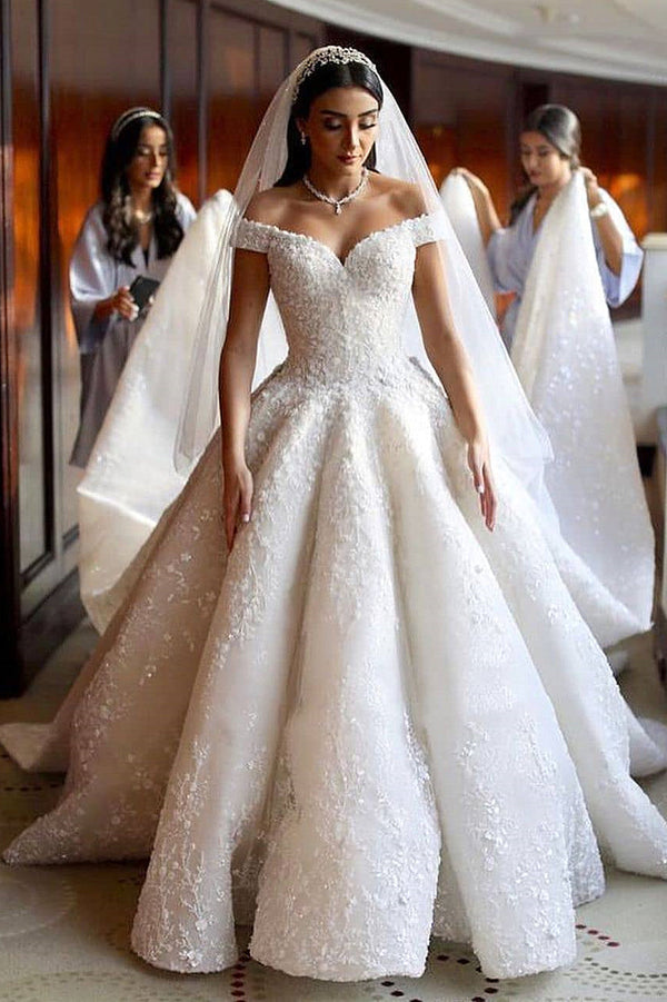 Ball Gown Off-the-shoulder Floor Length Applique Wedding Dress-showprettydress