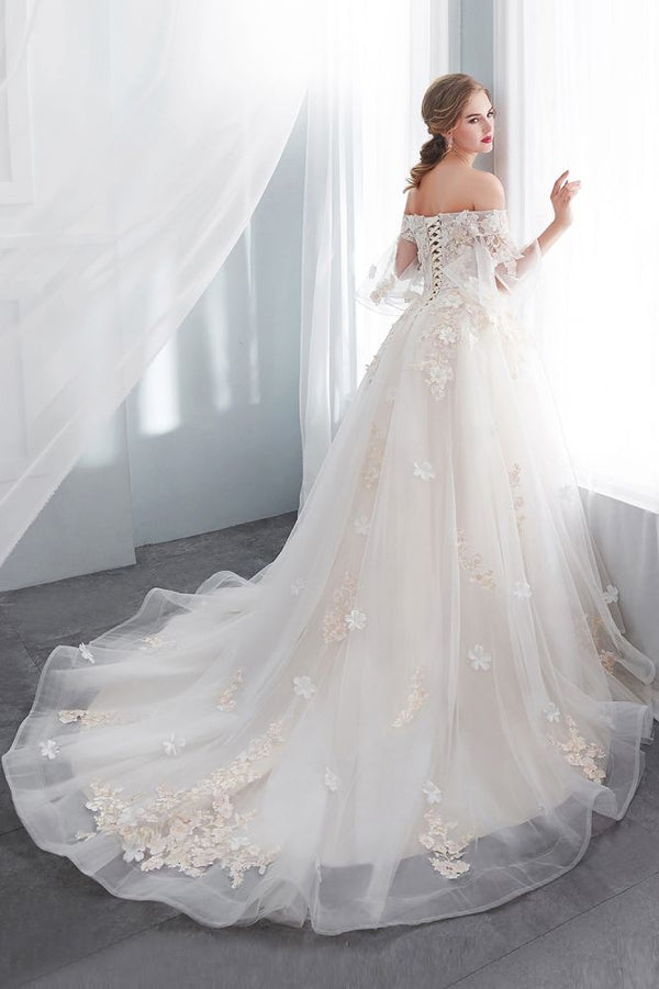 Ball Gown Off the shoulder Floor Length Appliques Tulle Wedding Dresses-showprettydress