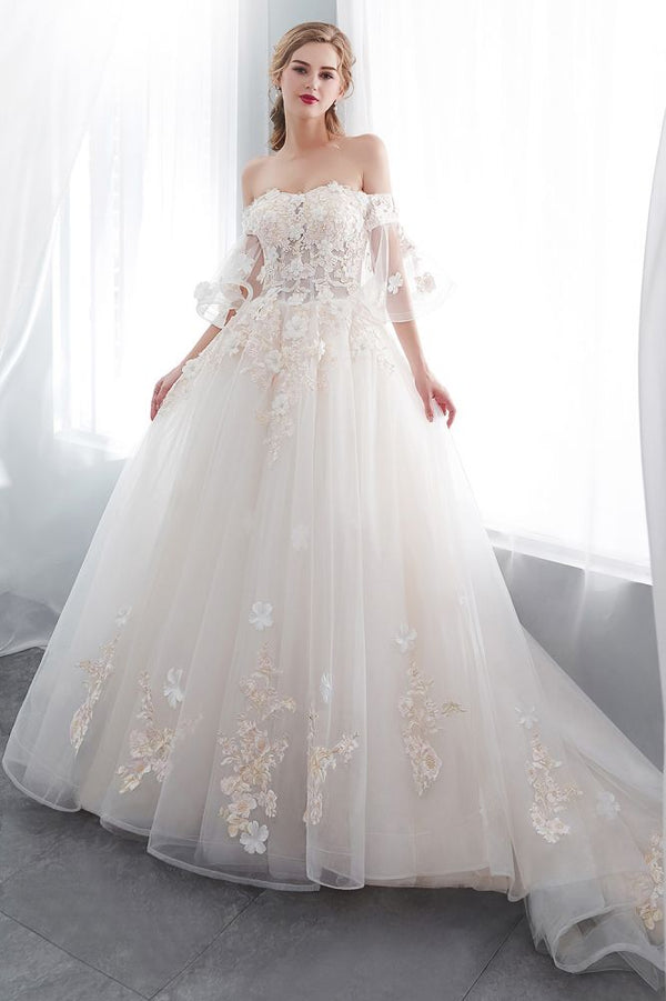 Ball Gown Off the shoulder Floor Length Appliques Tulle Wedding Dresses-showprettydress