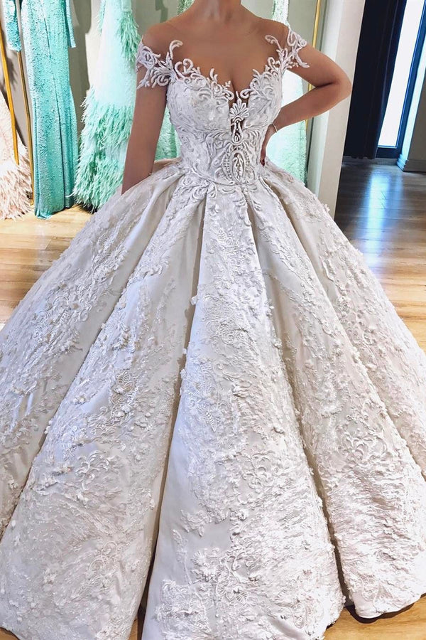 Ball Gown Off-the-shoulder Floor Length Charmeuse Applique Wedding Dress-showprettydress
