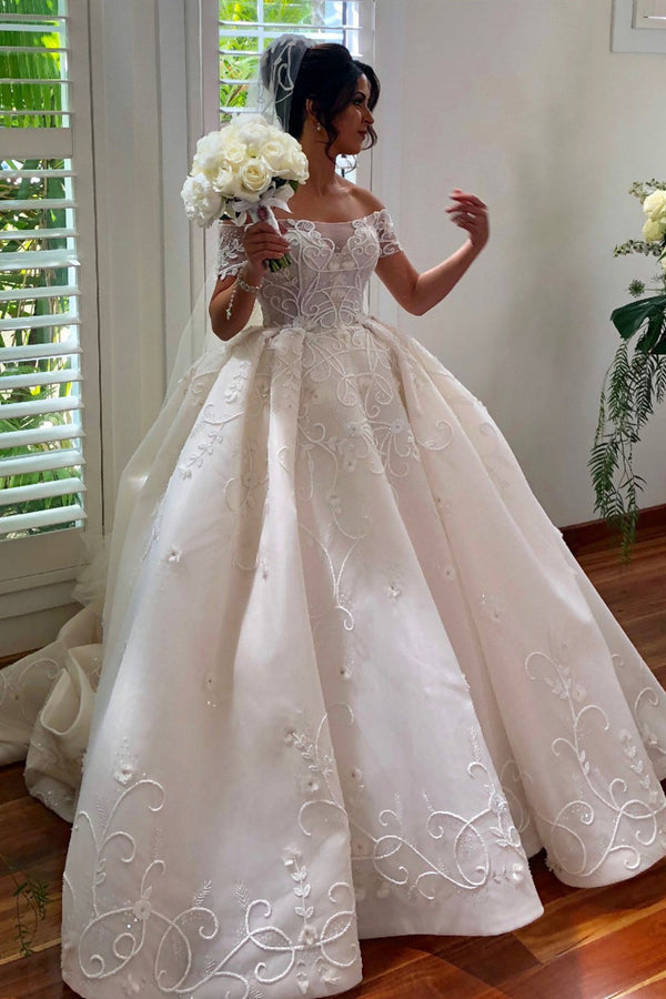 Ball Gown Off-the-shoulder Floor Length Tulle Applique Wedding Dress-showprettydress