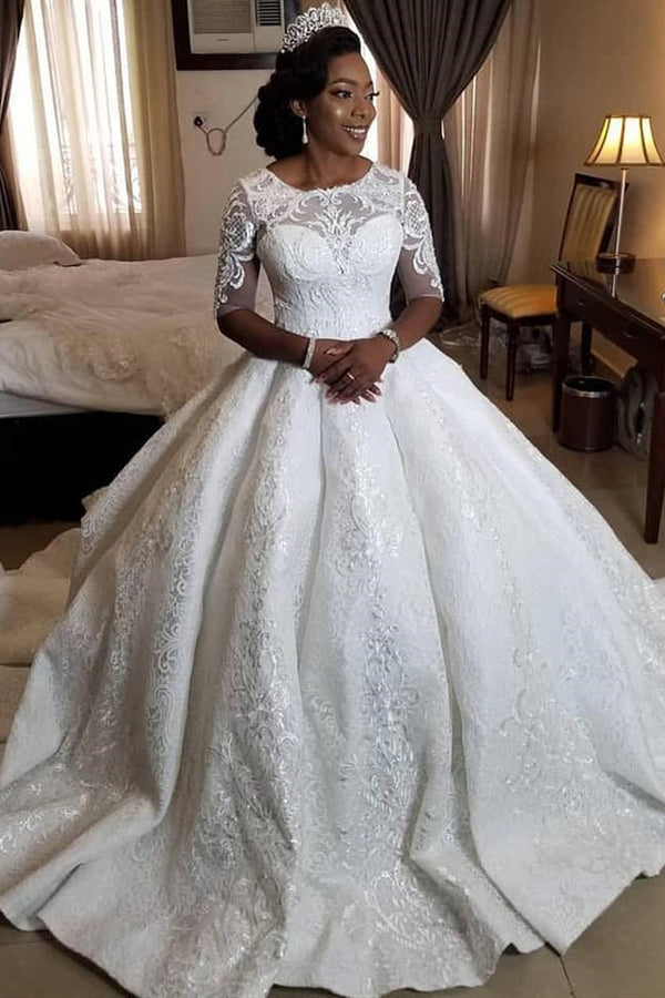 Ball Gown Round Collar Long Sleeves Floor Length Charmeuse Crochet Flower Wedding Dress-showprettydress