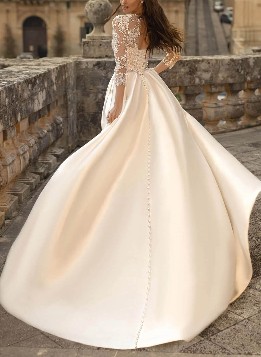Ball-Gown Satin Wedding Dresses Stunning Lace Sleeves-Showprettydress