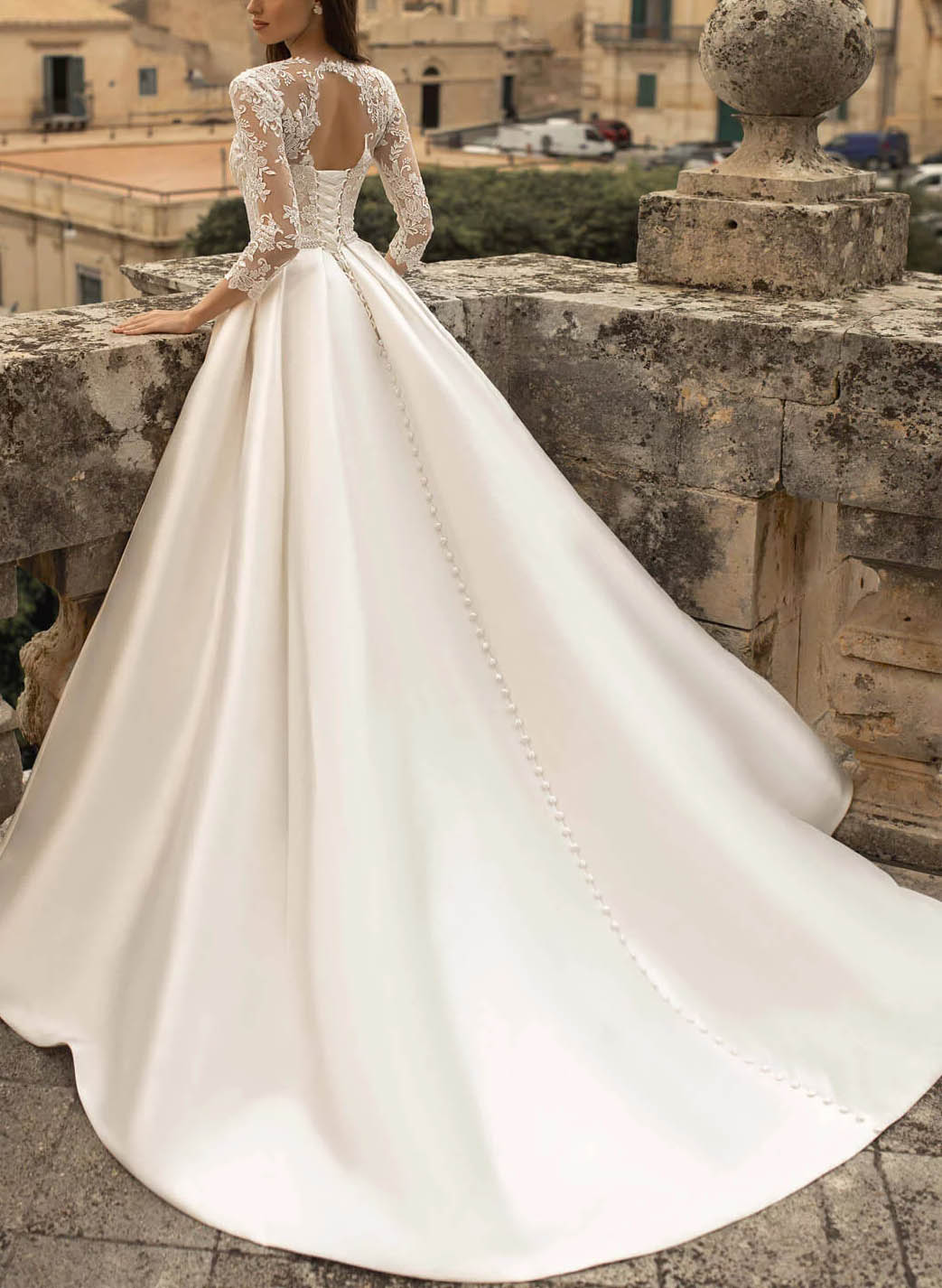Ball-Gown Satin Wedding Dresses Stunning Lace Sleeves-Showprettydress
