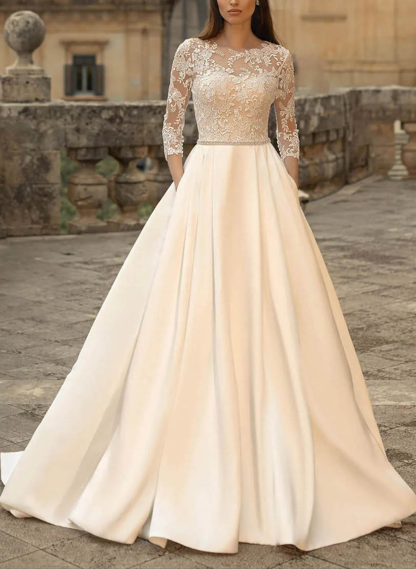 Ball-Gown Satin Wedding Dresses Stunning Lace Sleeves-Showprettydress