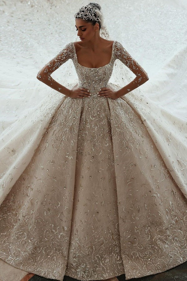 Ball gown Square Neck Long Sleeves with Floor Length Sparkle Beaded Wedding Dress-showprettydress