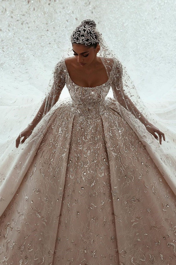Ball gown Square Neck Long Sleeves with Floor Length Sparkle Beaded Wedding Dress-showprettydress