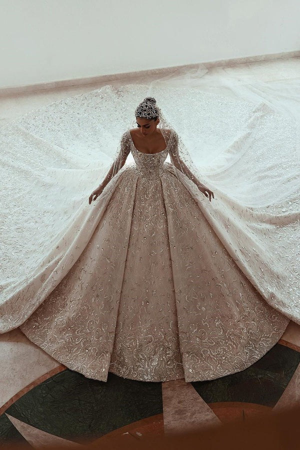 Ball gown Square Neck Long Sleeves with Floor Length Sparkle Beaded Wedding Dress-showprettydress