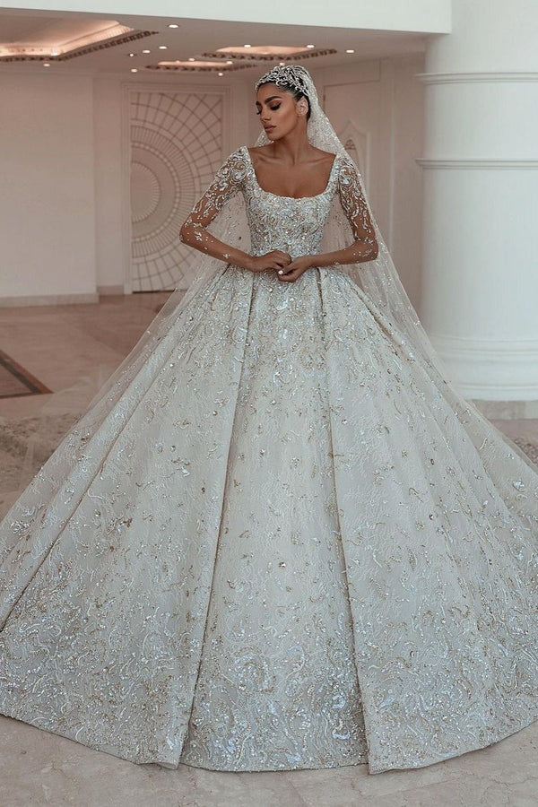Ball gown Square Neck Long Sleeves with Floor Length Sparkle Beaded Wedding Dress-showprettydress