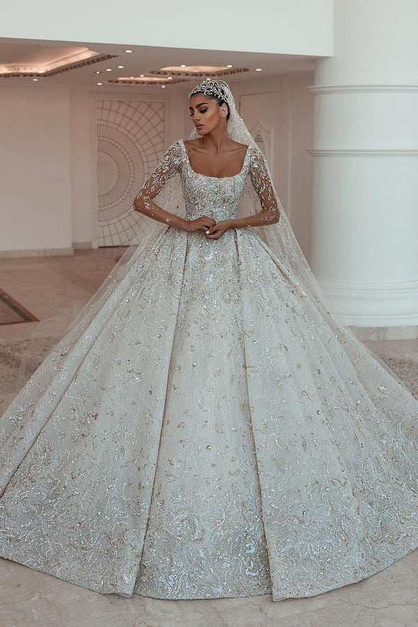 Ball gown Square Neck Long Sleeves with Floor Length Sparkle Beaded Wedding Dress-showprettydress