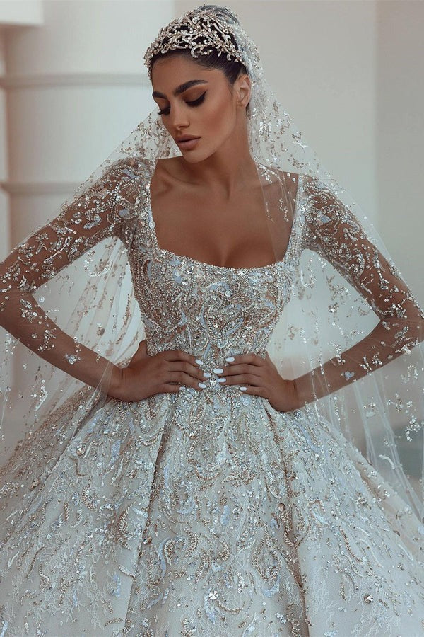 Ball gown Square Neck Long Sleeves with Floor Length Sparkle Beaded Wedding Dress-showprettydress