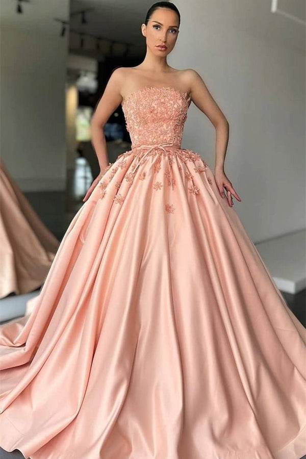 Ball Gown Strapless Lace Applique Floor-length Sleeveless Prom Dress-showprettydress