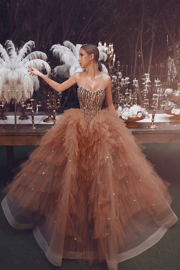 Ball Gown Sweetheart Floor Length Organza Beaded Prom Dress-showprettydress
