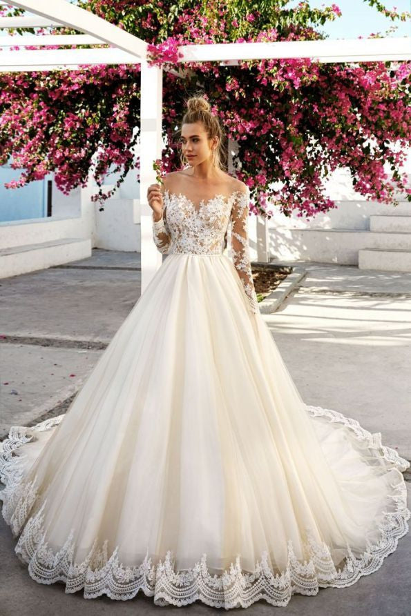 Ball Gown Sweetheart Long Sleeve Floor Length Tulle Applique Wedding Dress-showprettydress