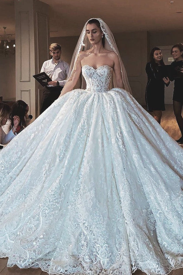 Ball Gown Sweetheart Sweep Train Tulle Applique Wedding Dress-showprettydress