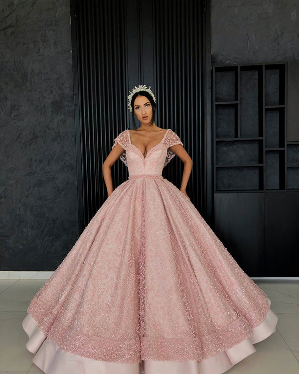 Ball Gown V-neck Floor Length Organza Beaded Crochet Flower Prom Dress-showprettydress