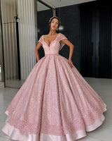 Ball Gown V-neck Floor Length Organza Beaded Crochet Flower Prom Dress-showprettydress